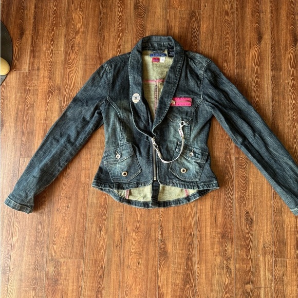 Triple Five Soul Denim Jacket with Pink Accents Ptp 16” length 18” - Picture 10 of 10